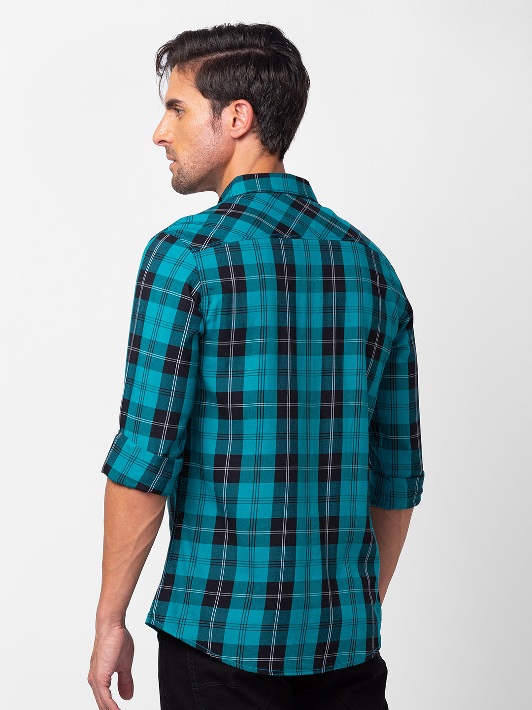 Spykar Men Sporty Green Cotton Slim Fit Checkered Shirt