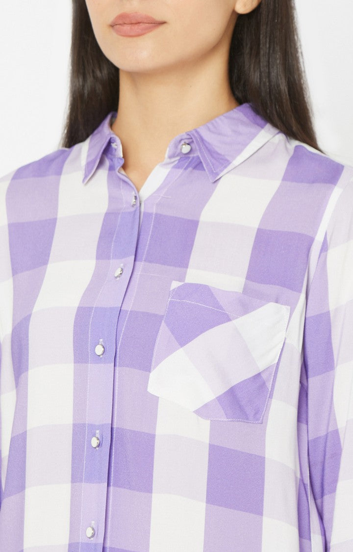 Spykar Women Lilac Viscose Checks Full Sleeve Shirts