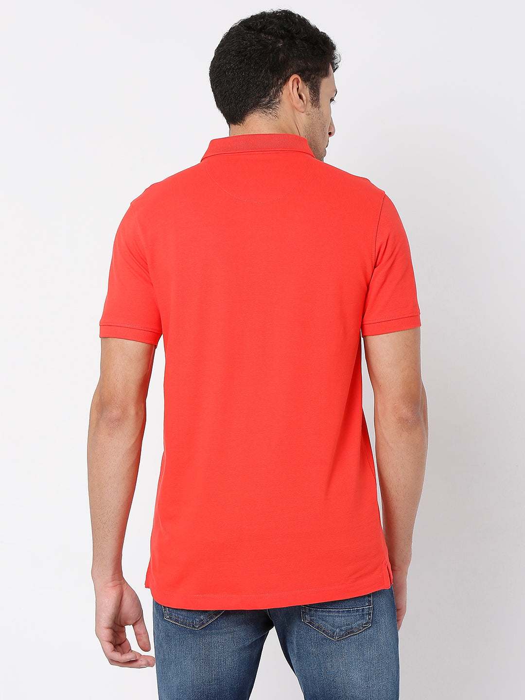 Spykar Men Deep Coral Cotton Half Sleeve Plain Casual Polo Tshirt