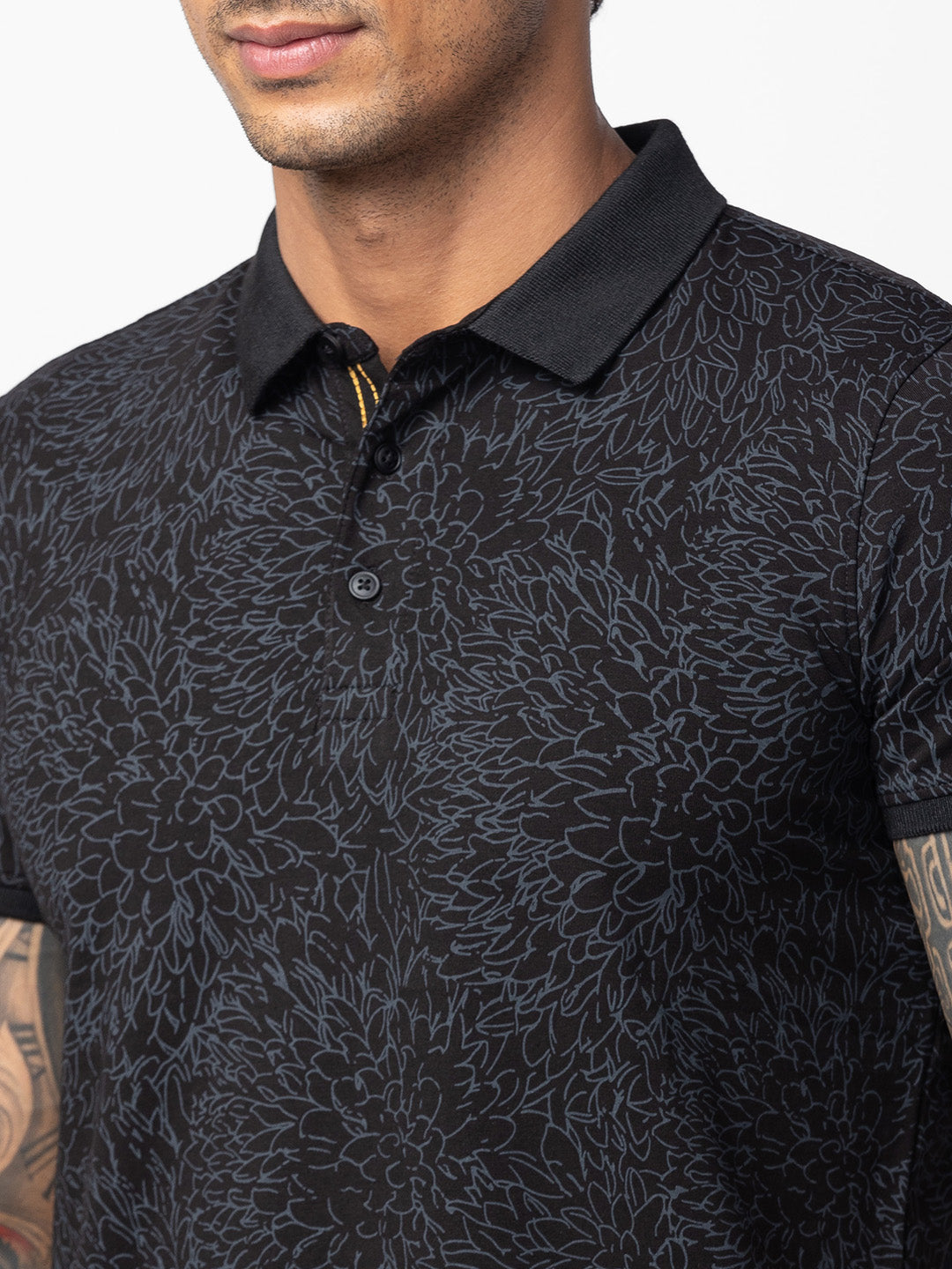 Spykar Men Black Cotton Regular Fit Half Sleeve Printed Polo T-Shirt