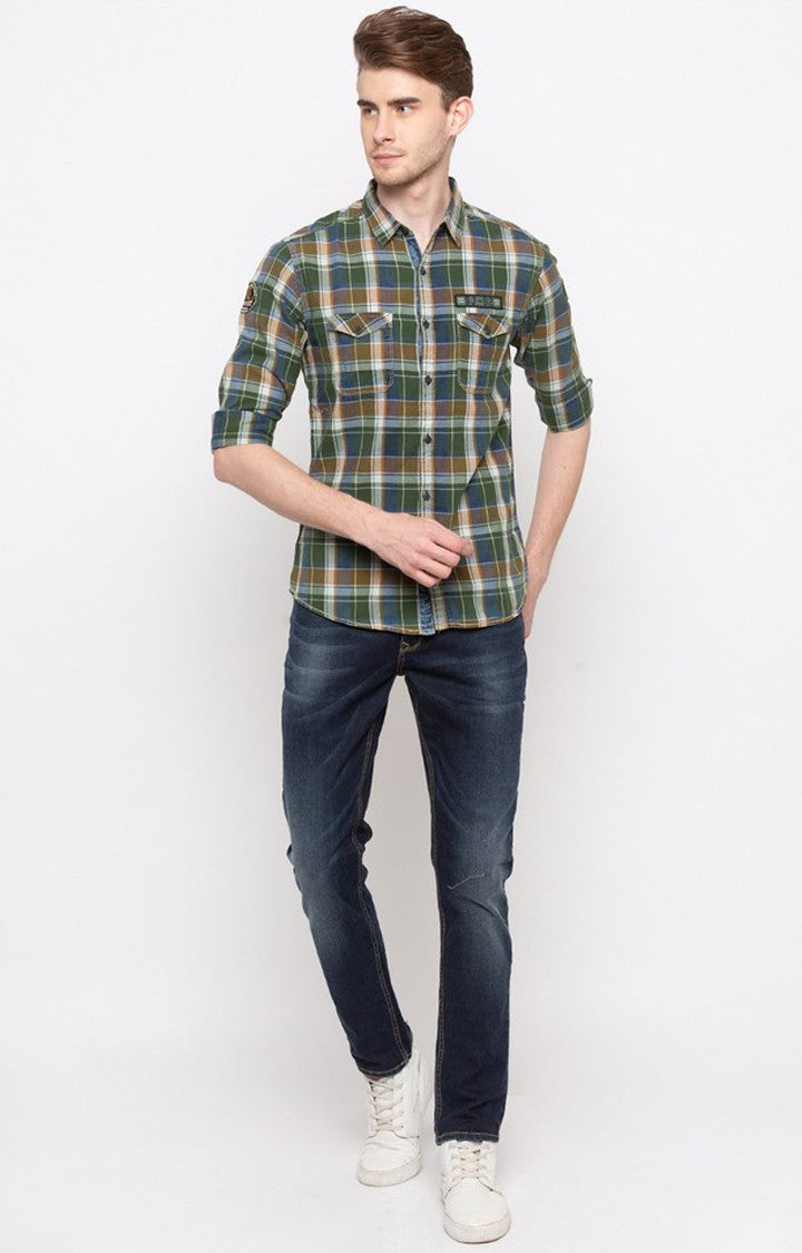 Spykar Men'S Green Cotton Checked Casual Shirts