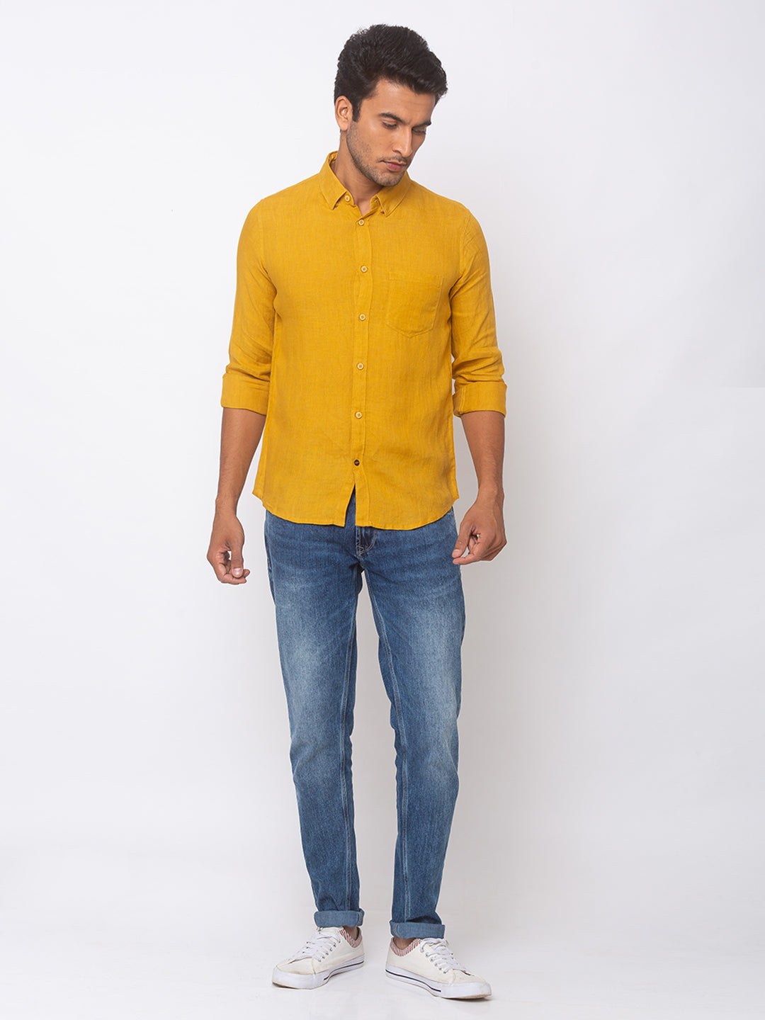 Spykar Men Mustard Yellow Linen Slim Fit Shirt