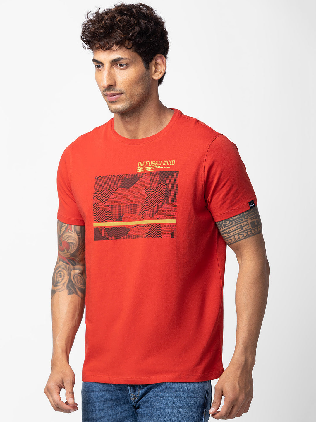 Spykar Men Burnt Orange Cotton Regular Fit Half Sleeve Printed T-Shirt