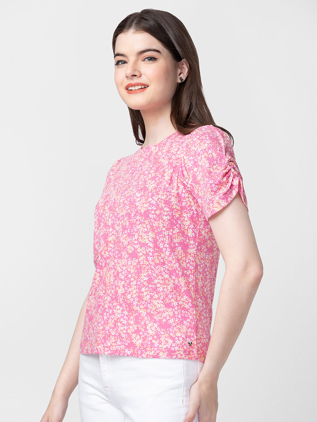 Spykar Women Fuschia Pink Cotton Slim Fit Floral T-Shirts