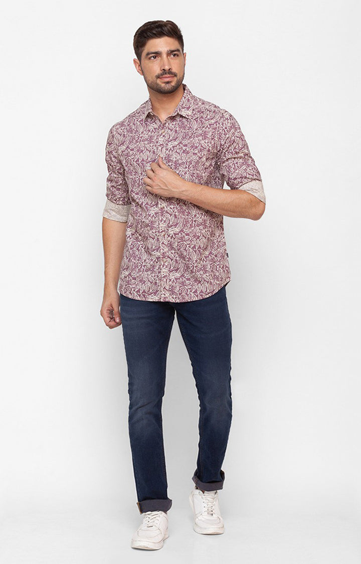 Spykar Mauve Pink Cotton Full Sleeve Printed Shirt For Men