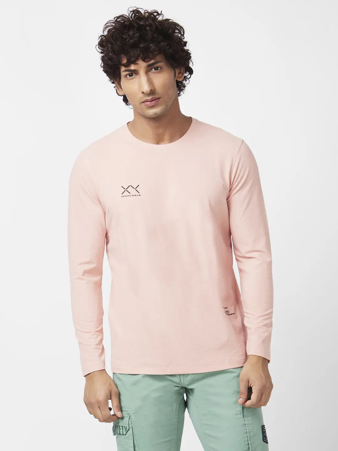 Spykar Men Peach Pink Blended Slim Fit Full Sleeve Round Neck Plain Tshirt