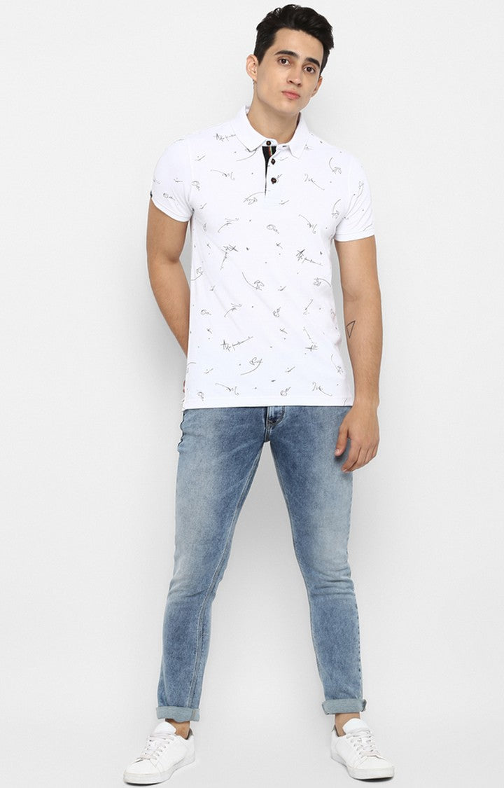 Spykar White Printed Slim Fit Polo T-Shirt