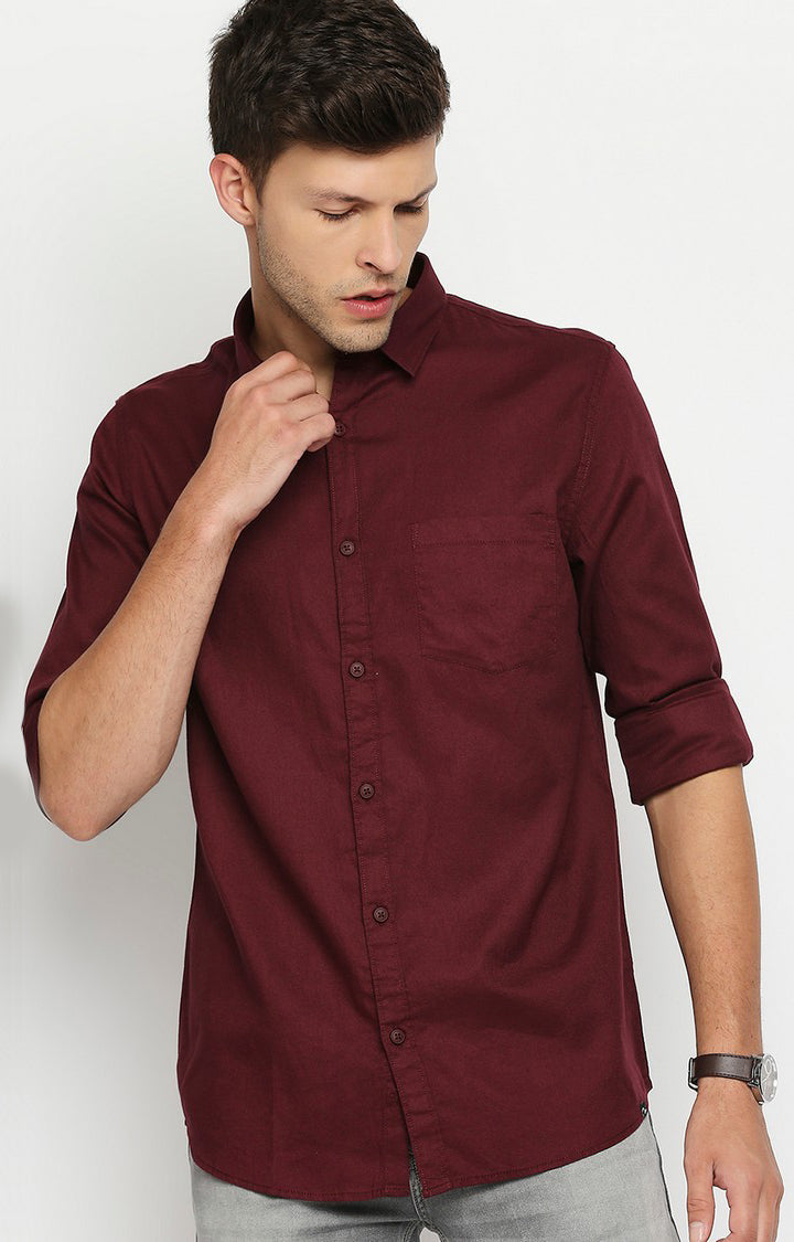 Spykar Men Maroon Slim Fit Full Sleeve Solid Shirt