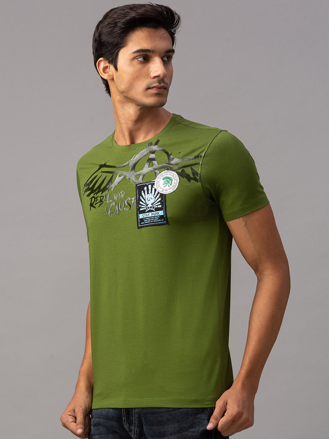 Spykar Men Green Cotton Slim Fit Round Neck T-Shirt