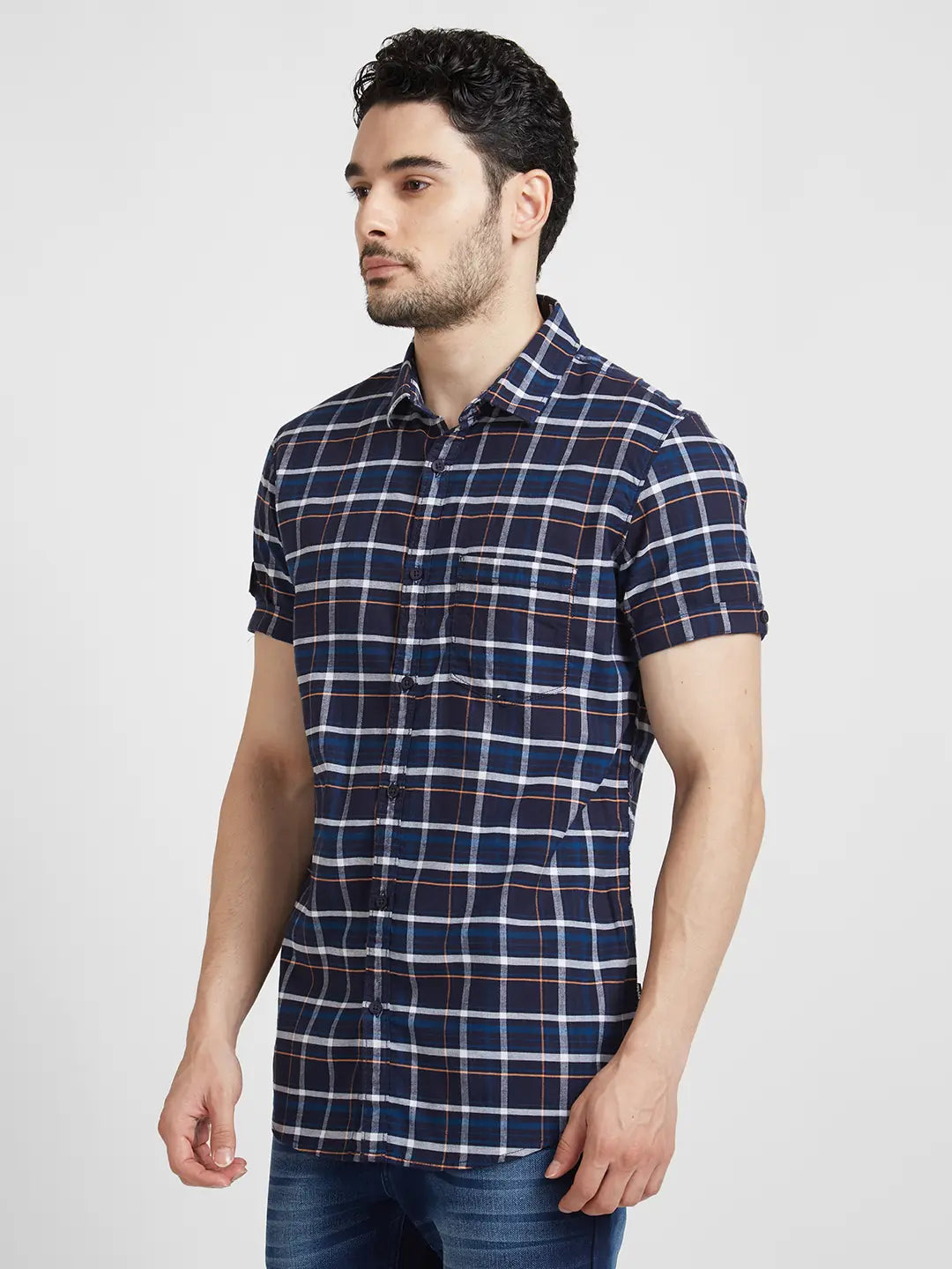 Spykar Men Navy Blue Cotton Slim Fit Checkered Shirt