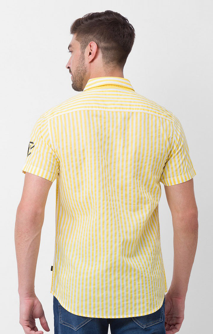 Spykar Butter Yellow Cotton Half Sleeve Stripes Shirt For Men