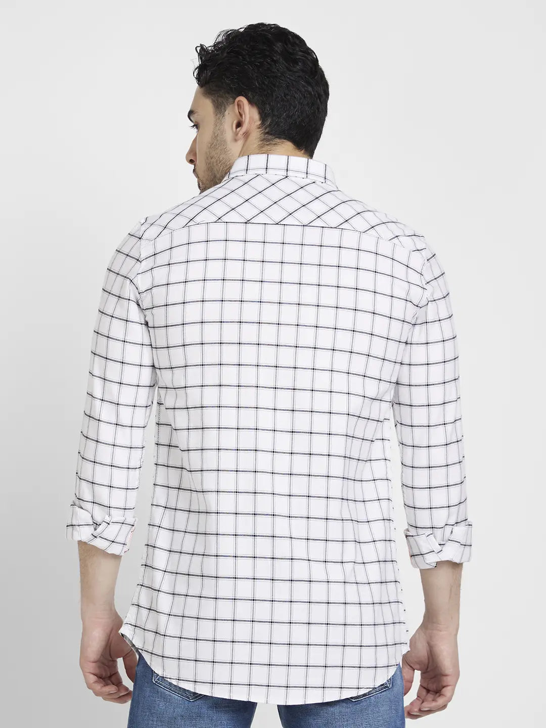Spykar Men White Cotton Regular Slim Fit Full Sleeve Checkered Shirt