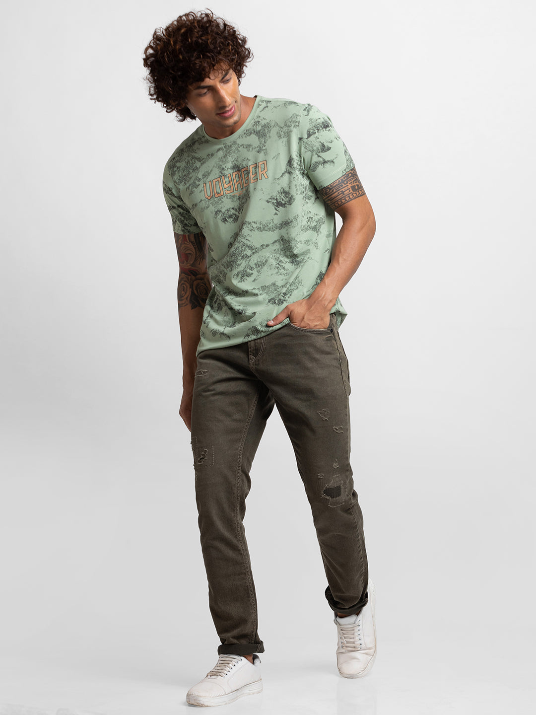 Spykar Dusty Pista Green Cotton Half Sleeve Printed Casual T-Shirt For Men