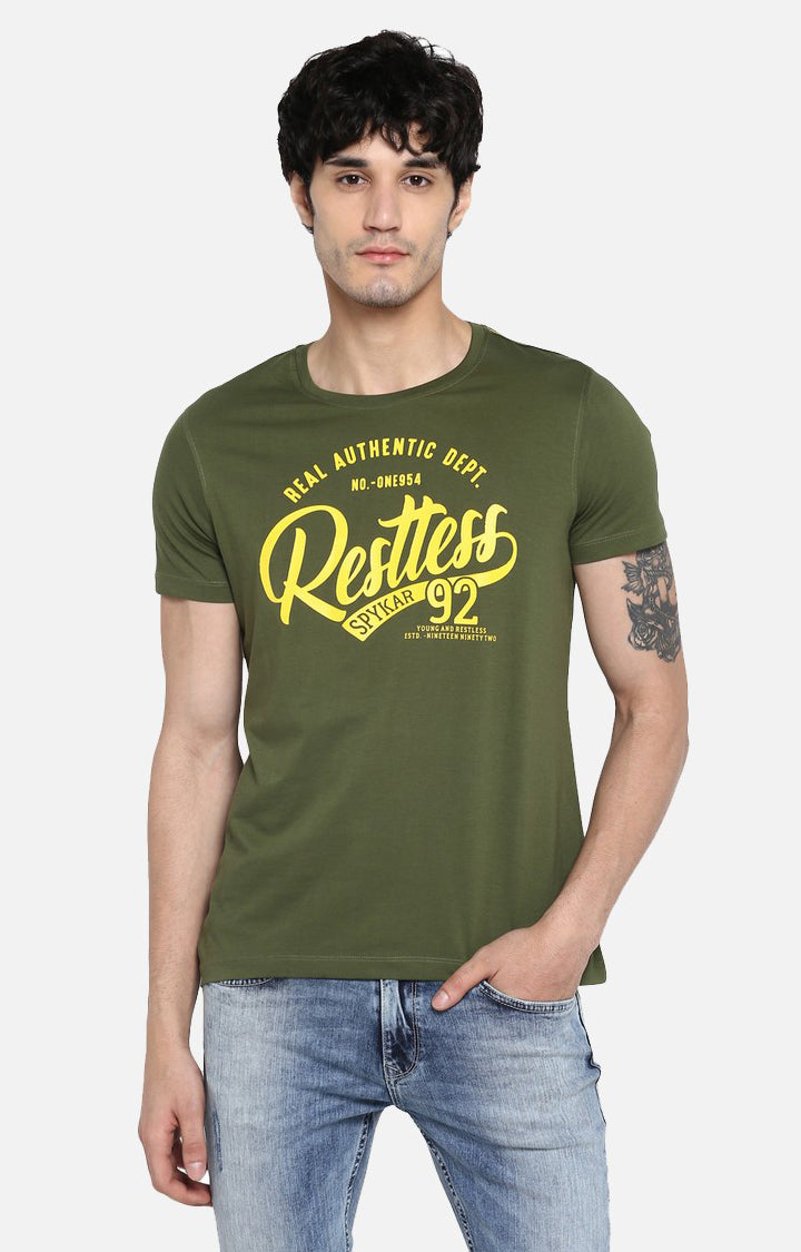 Spykar Olive Green Printed Slim Fit Men T-Shirts