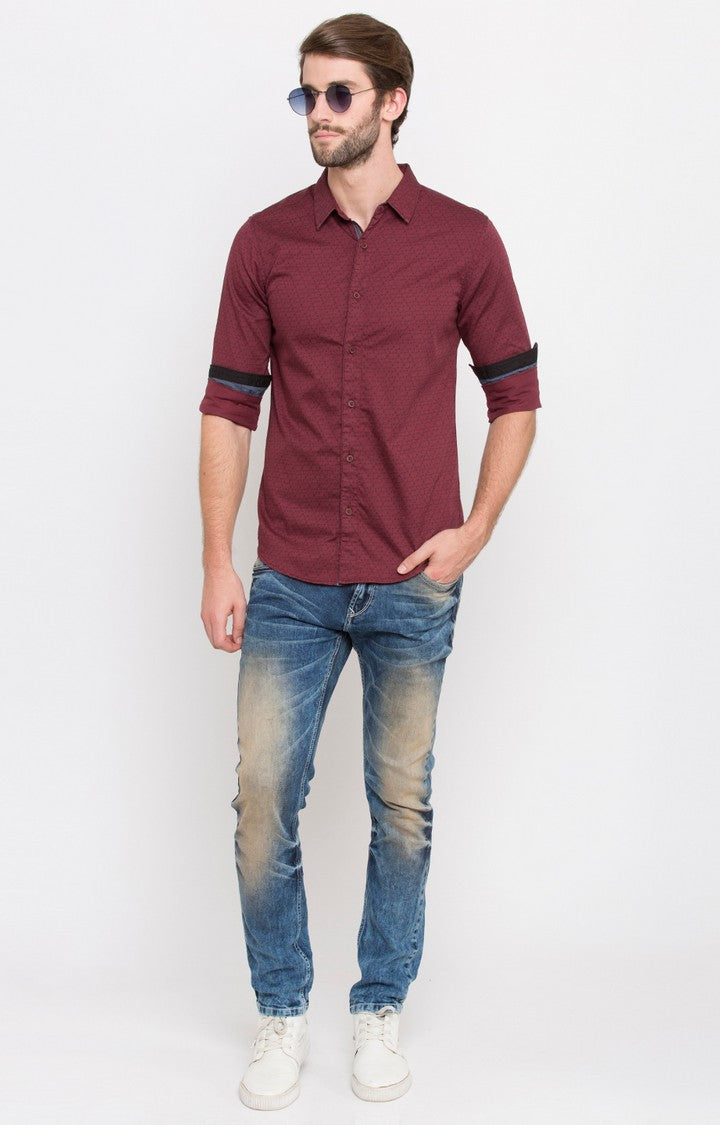 Spykar Men'S Red Satin Printed Casual Shirts