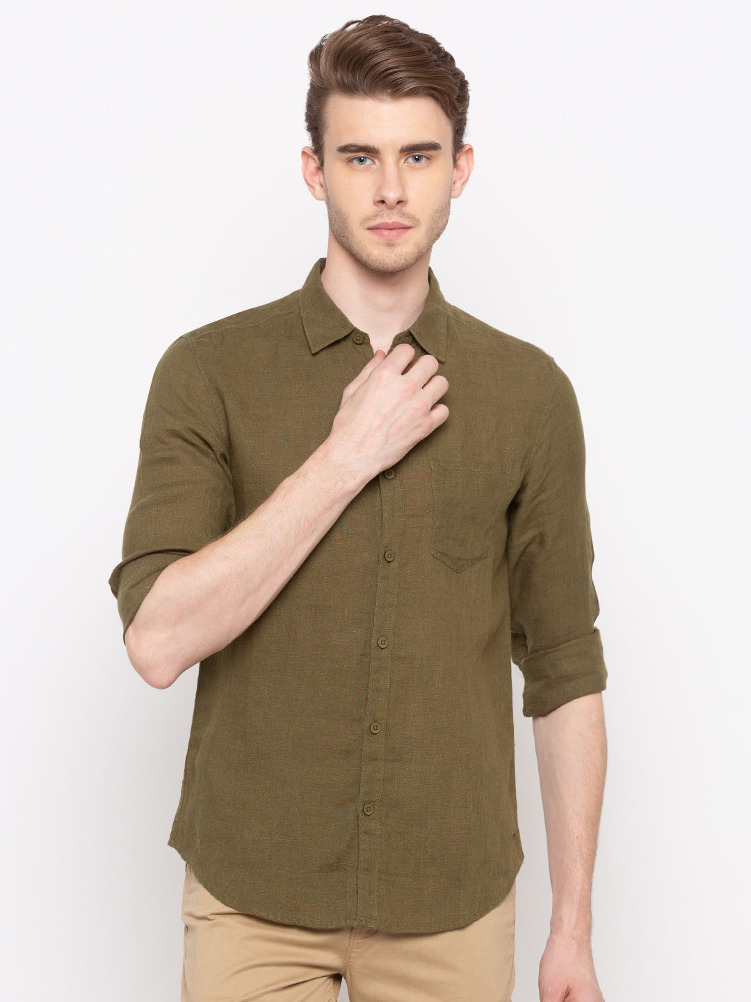 Spykar Men Olive Solid Slim Fit Casual Shirt