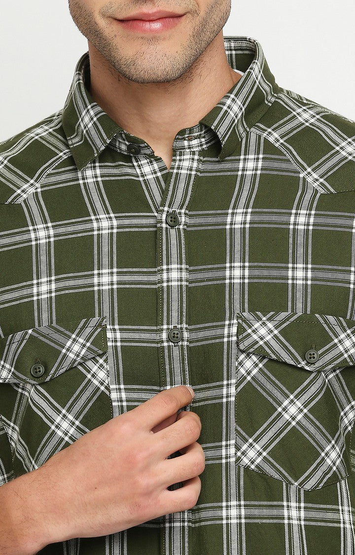 Spykar Men Green Slim Fit Full Sleeve Checkered Shirt