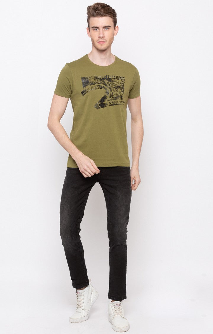 Spykar Olive Printed Slim Fit Men T-Shirts