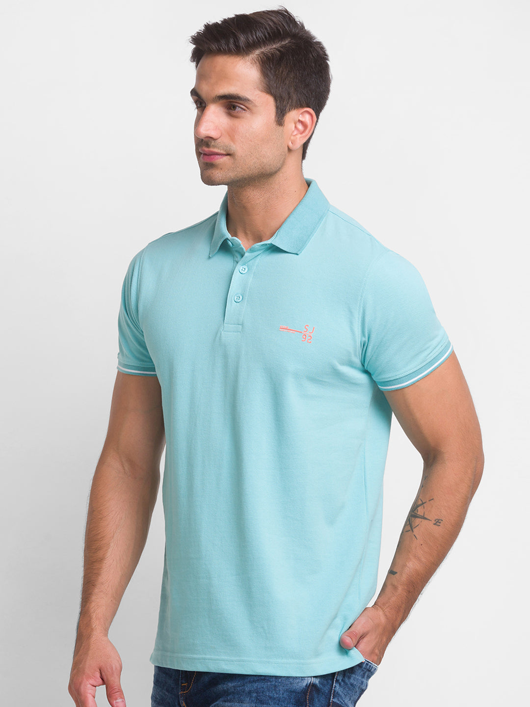 Spykar Cool Blue Cotton Half Sleeve Plain Casual Polo T-Shirt For Men