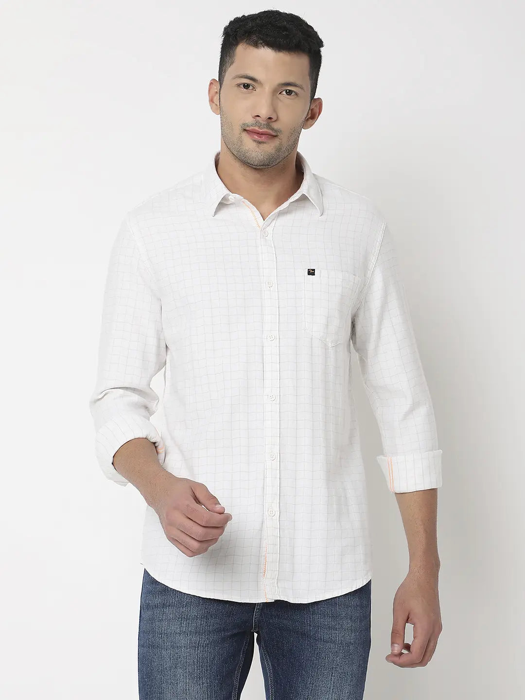 Spykar Men White & Khaki Cotton Slim Fit Checkered Shirt