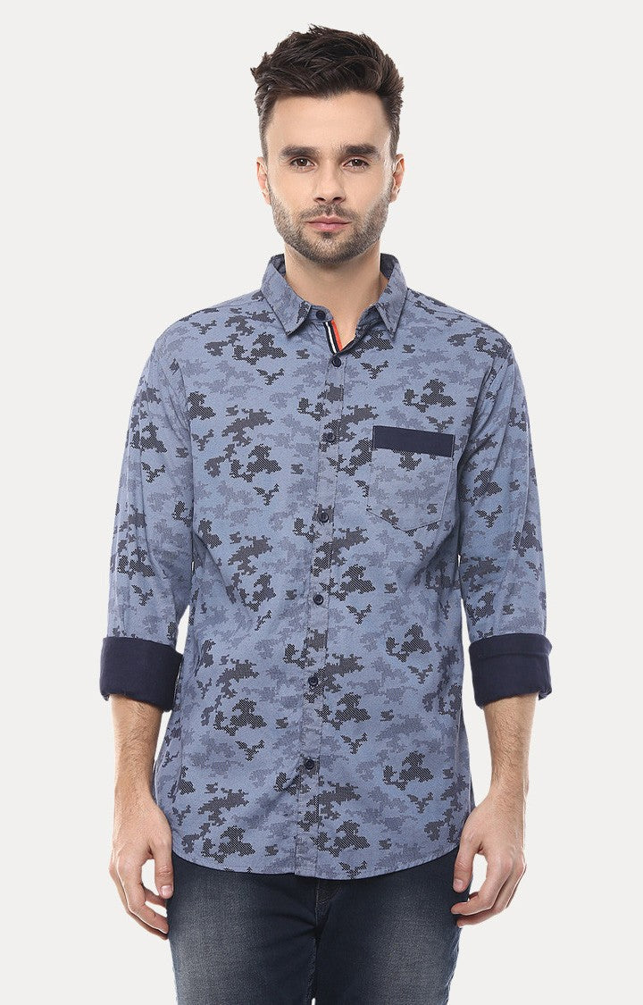 Spykar Men'S Blue Cotton Printed Casual Shirts