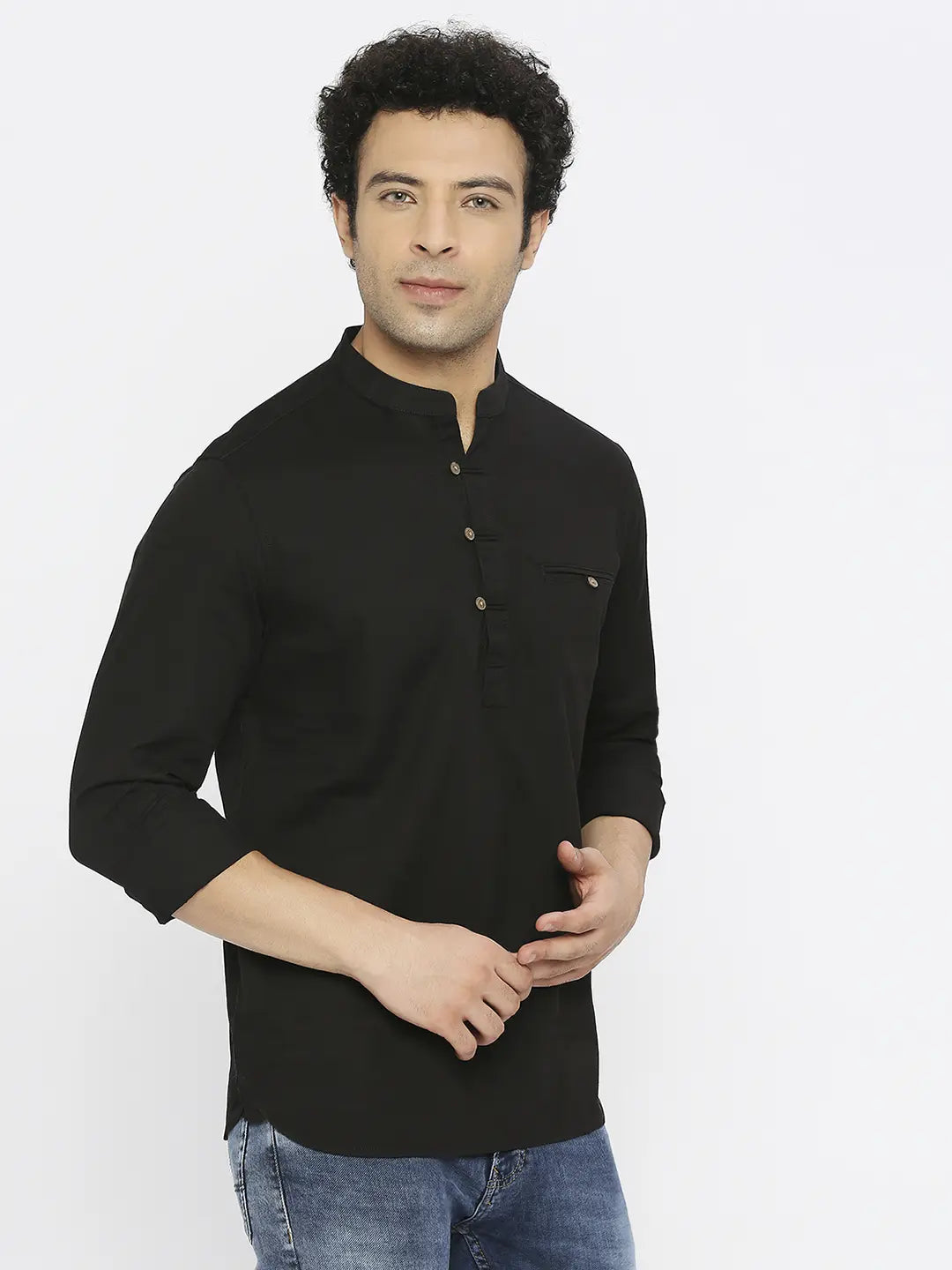 Spykar Men Black Slub Slim Fit M and arin Collar Plain Kurta