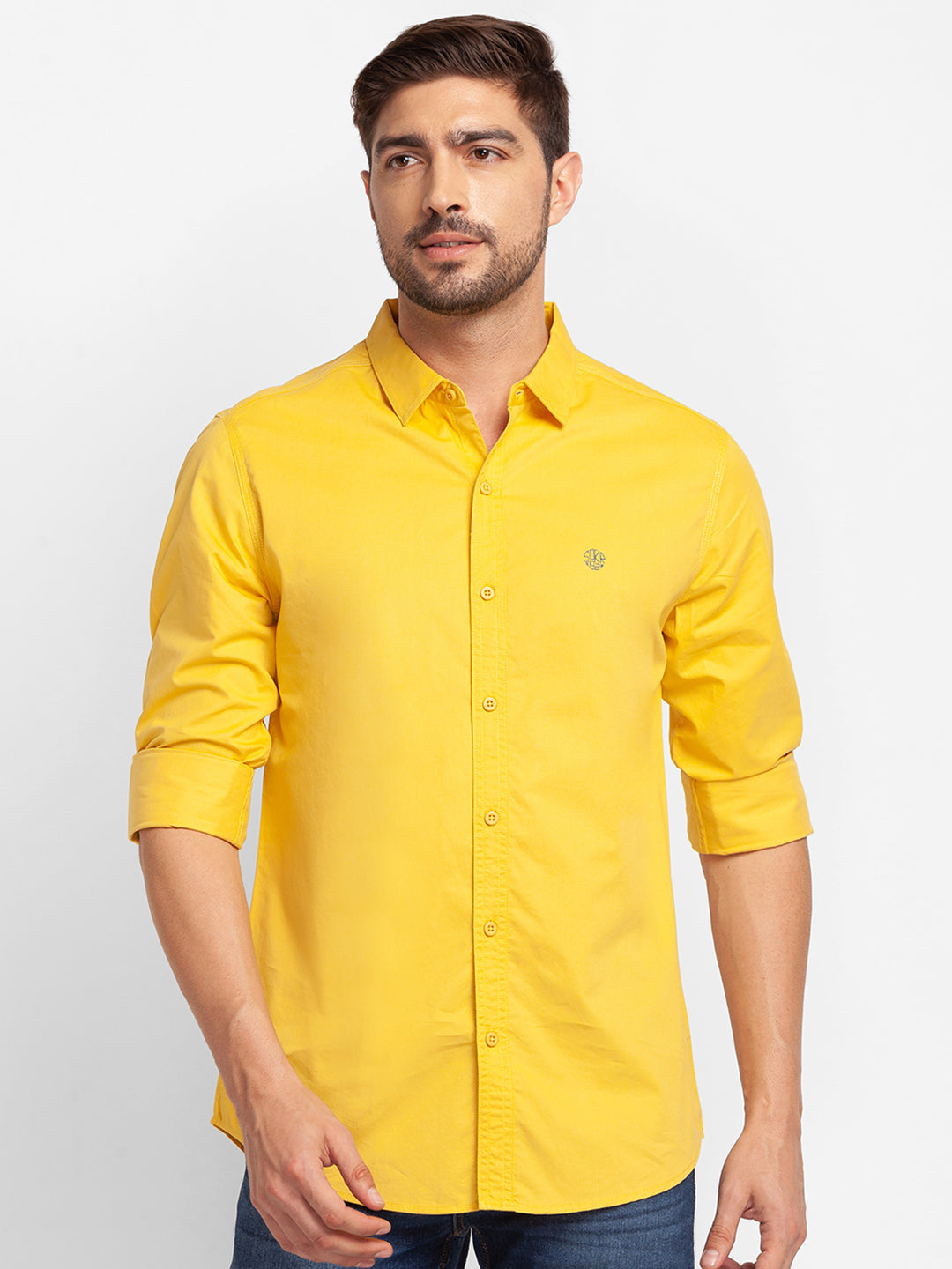 Spykar Sulphur Yellow Cotton Full Sleeve Plain Shirt For Men