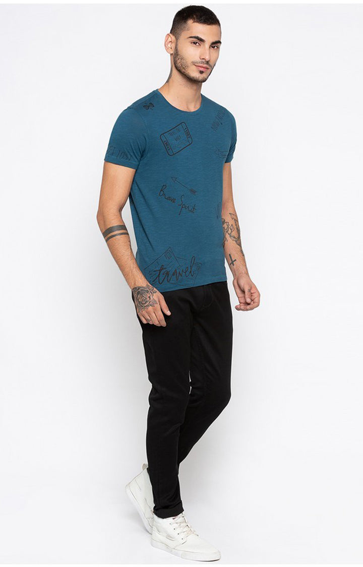 Spykar Blue Cotton Slim Fit T-Shirt For Men