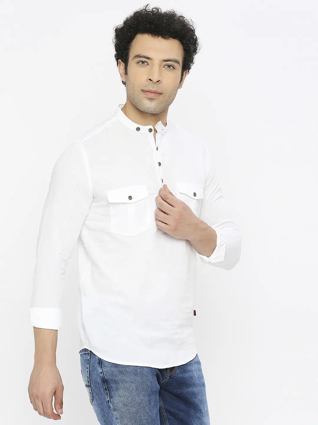 Spykar Men White Linen Slim Fit M and arin Collar Plain Kurta