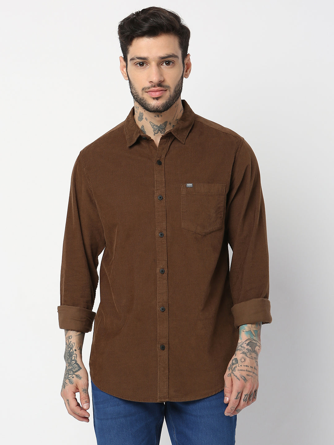 Spykar Men Mud Brown Cotton Slim Fit Plain Shirts