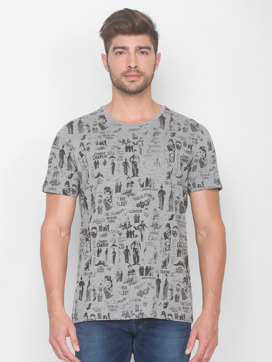 Charlie Chaplin Spykar Men Grey Cotton Slim Fit Round Neck T-Shirt