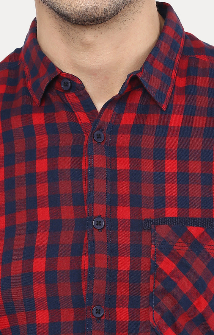 Spykar Men Red Cotton Slim Fit Checkered Shirts