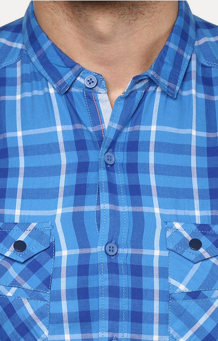 Spykar Men Blue Checked Slim Fit Casual Shirt