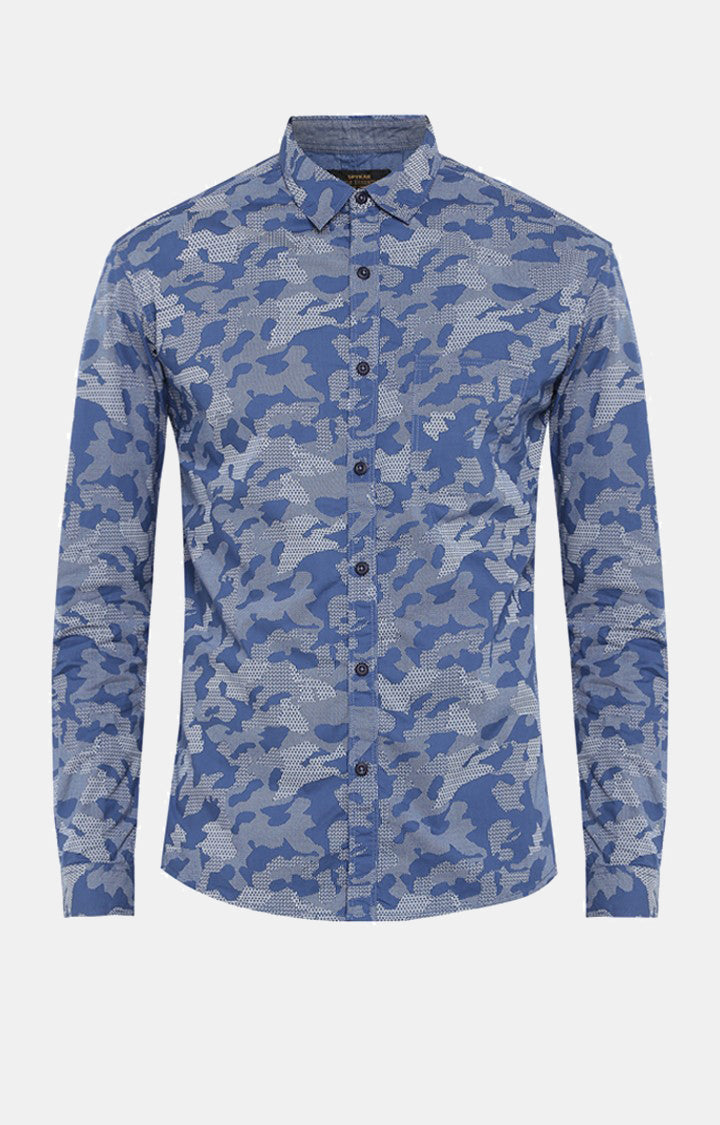 Spykar Men Blue Printed Slim Fit Casual Shirt