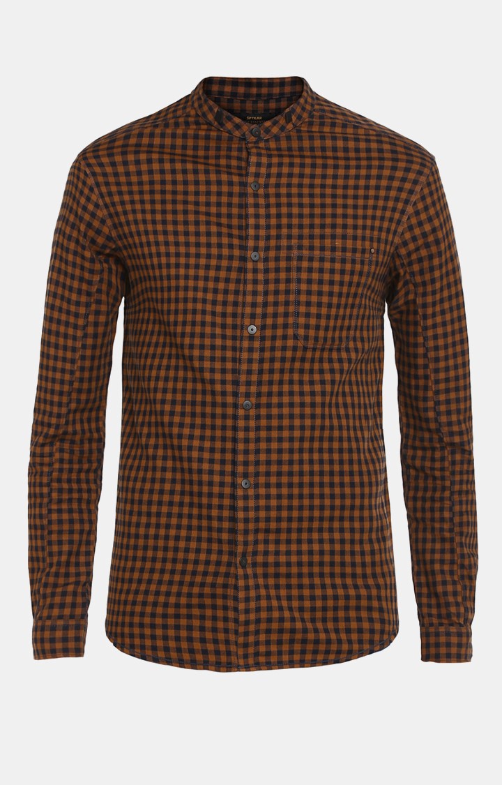 Spykar Men Khaki Checked Slim Fit Casual Shirt