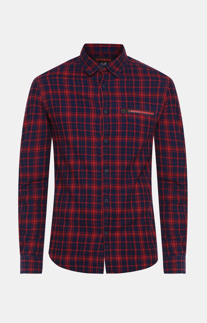 Spykar Red Cotton Slim Fit Shirts For Men