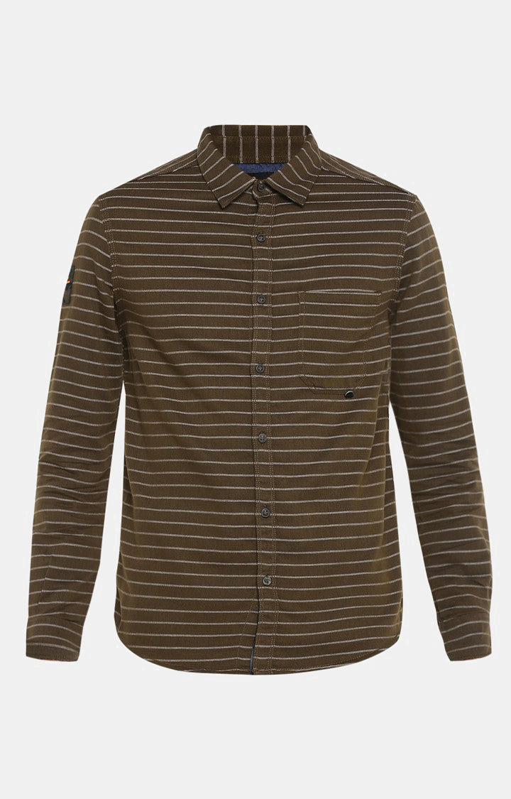 Spykar Men Khaki Striped Slim Fit Casual Shirt