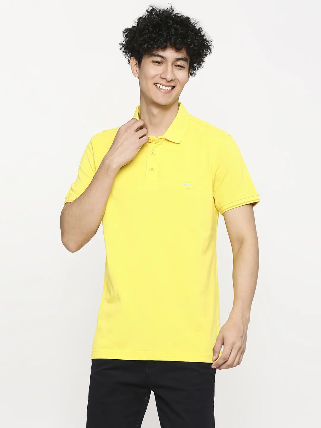 Spykar Men Sulphur Yellow Cotton Slim Fit Plain Polo Neck Tshirt