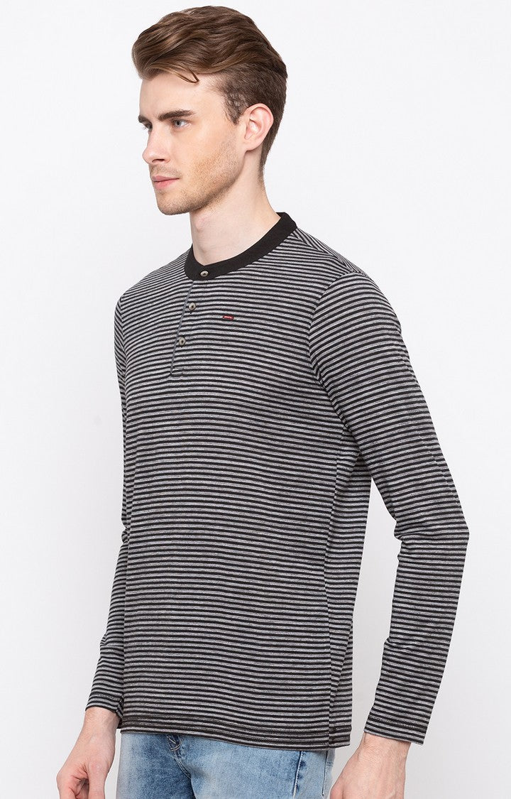 Spykar Men Grey Cotton Slim Fit Full Sleeve Striped T-Shirt