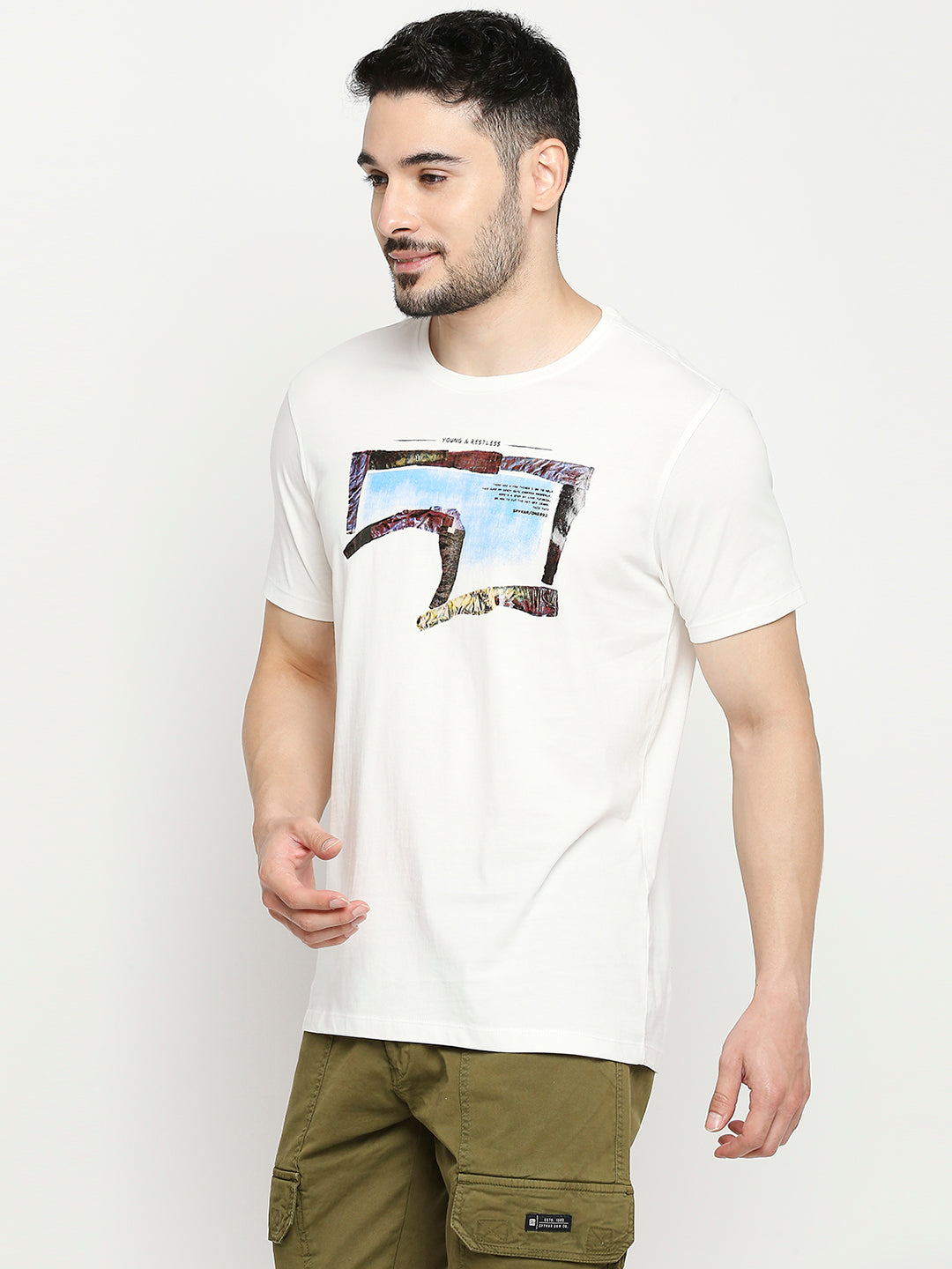 Spykar Off White Cotton Half Sleeve Printed Casual T-Shirt For Men