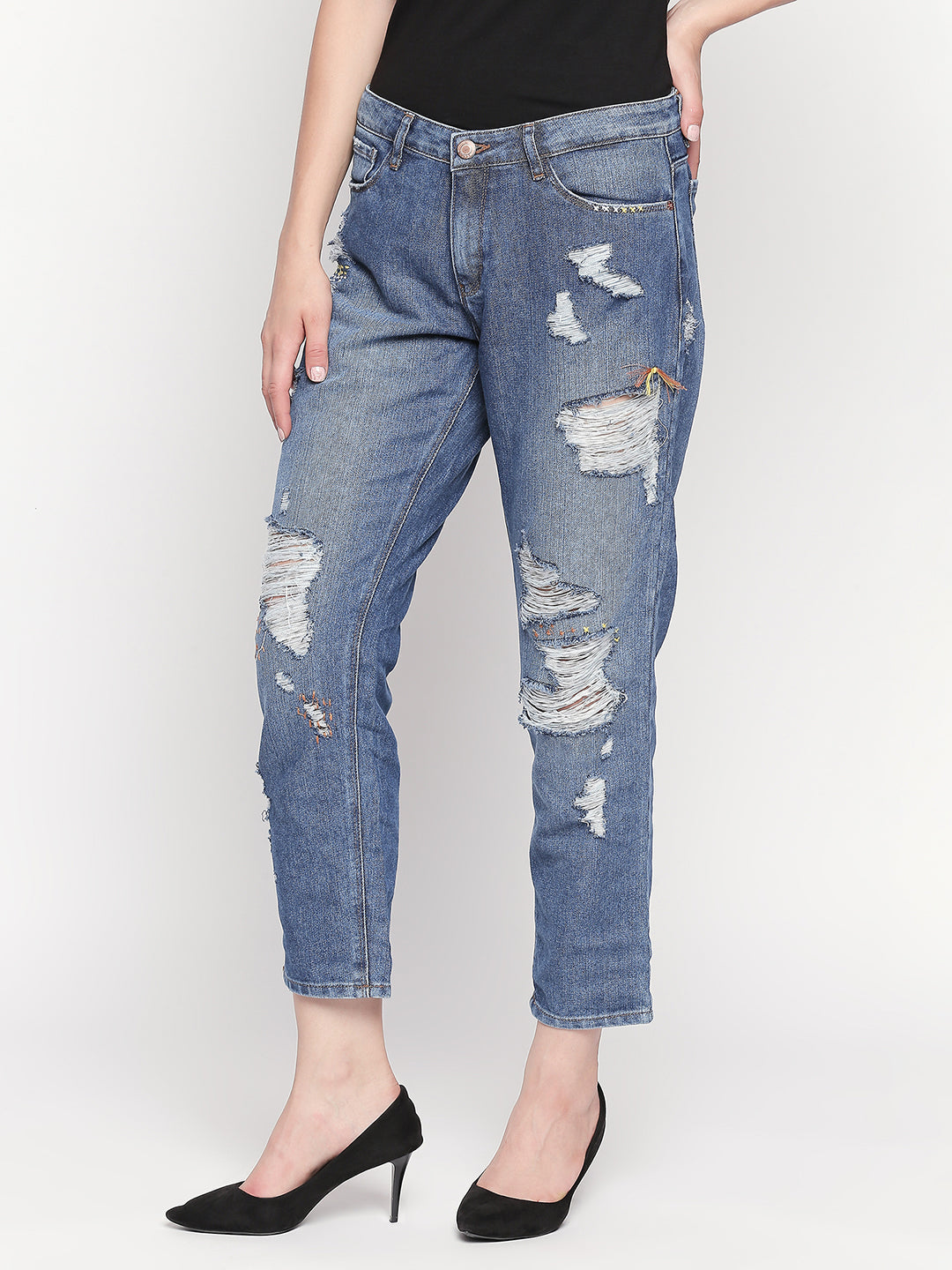 Spykar Mid Blue Ripped High Rise Jeans For Women