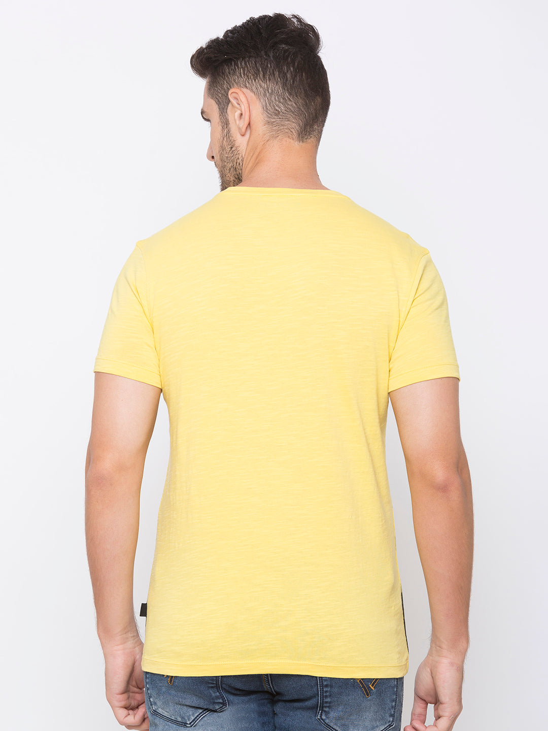 Spykar Men Yellow Cotton Slim Fit Round Neck T-Shirt