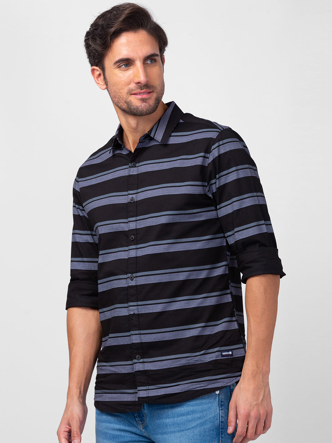 Spykar Men Black Cotton Slim Fit Striped Shirts