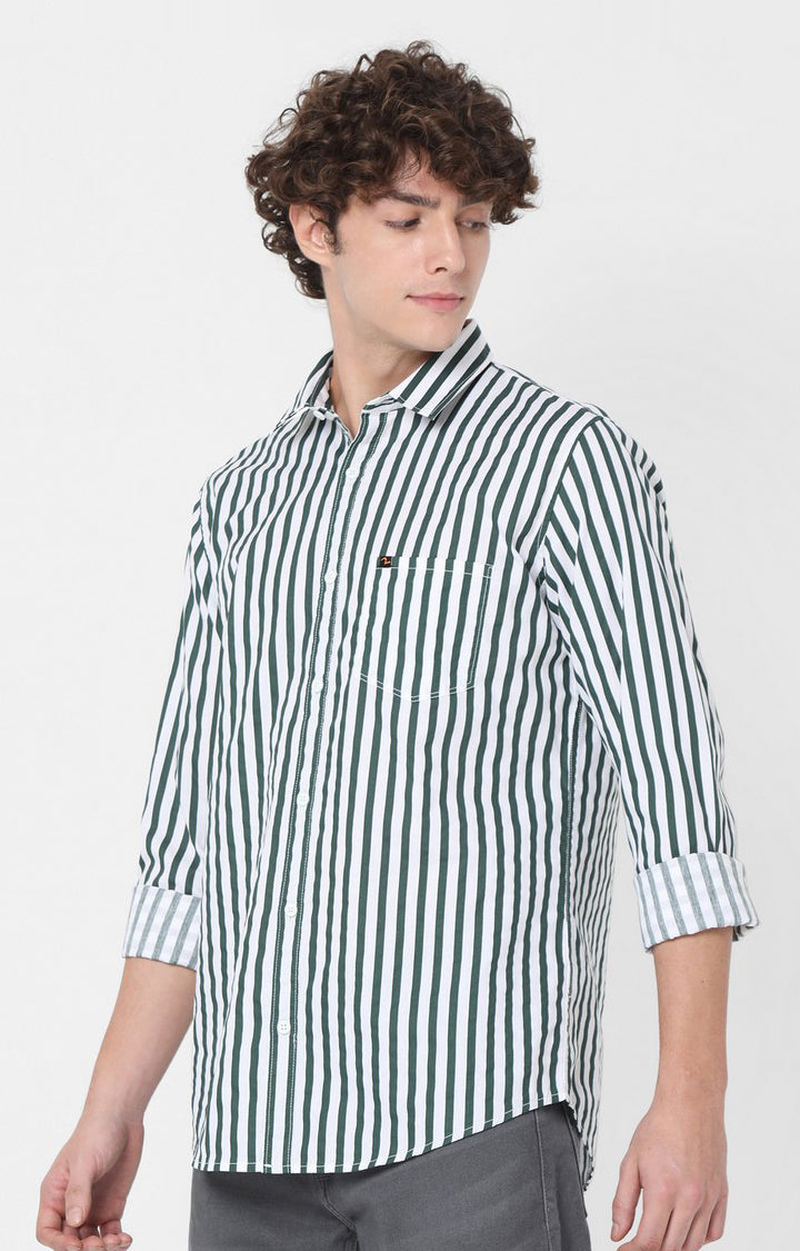 Spykar Slim Fit Green Striped Full Sleeve Shirts For Men