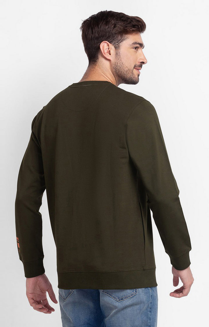 Spykar Rifle Green Cotton Full Sleeve Round Neck Sweatshirt For Men