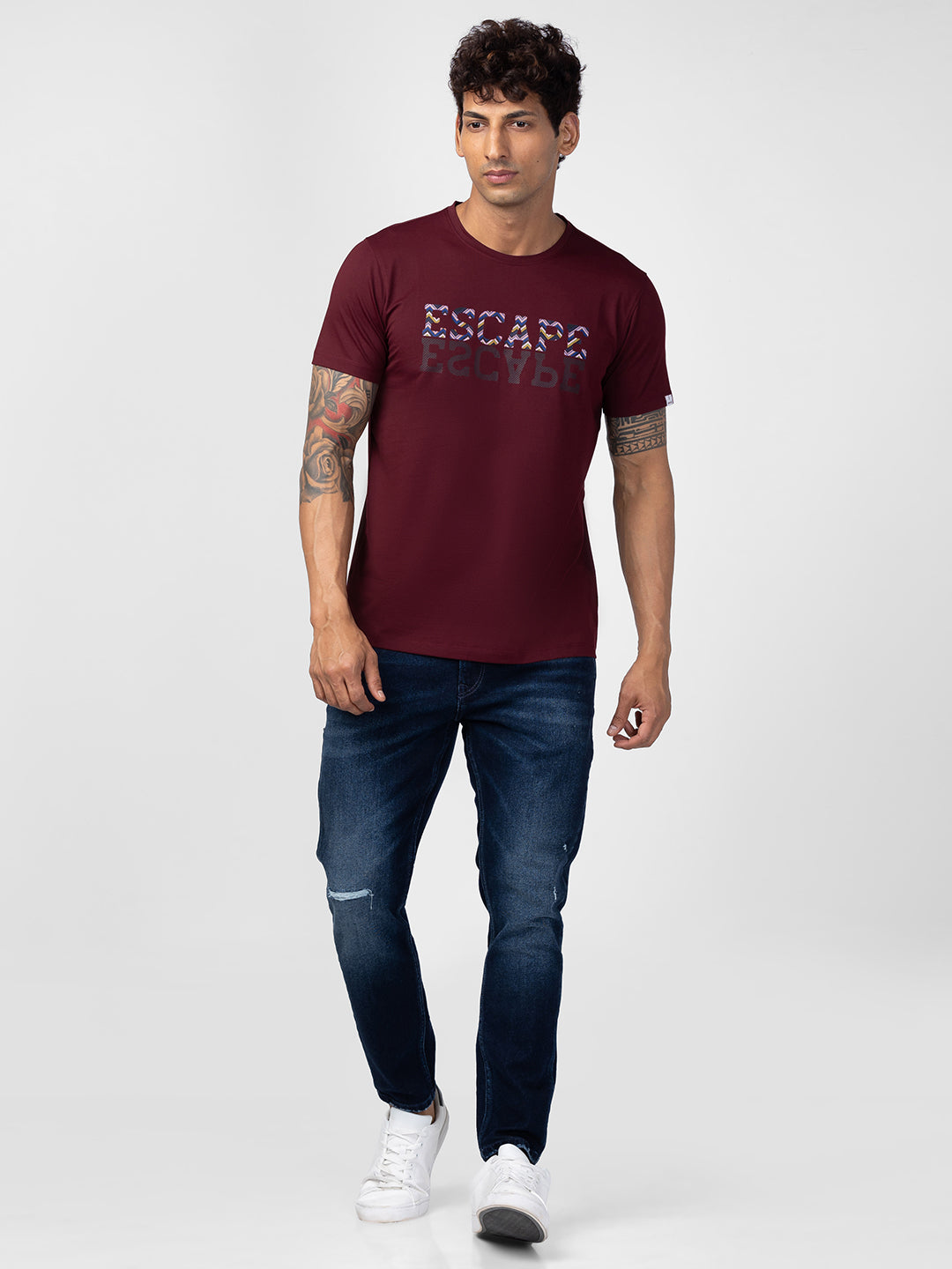 Spykar Men Wine Cotton Regular Fit Half Sleeve Printed T-Shirt