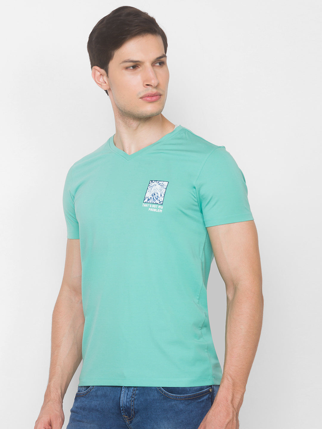 Spykar Men Green Cotton Slim Fit V-Neck T-Shirt