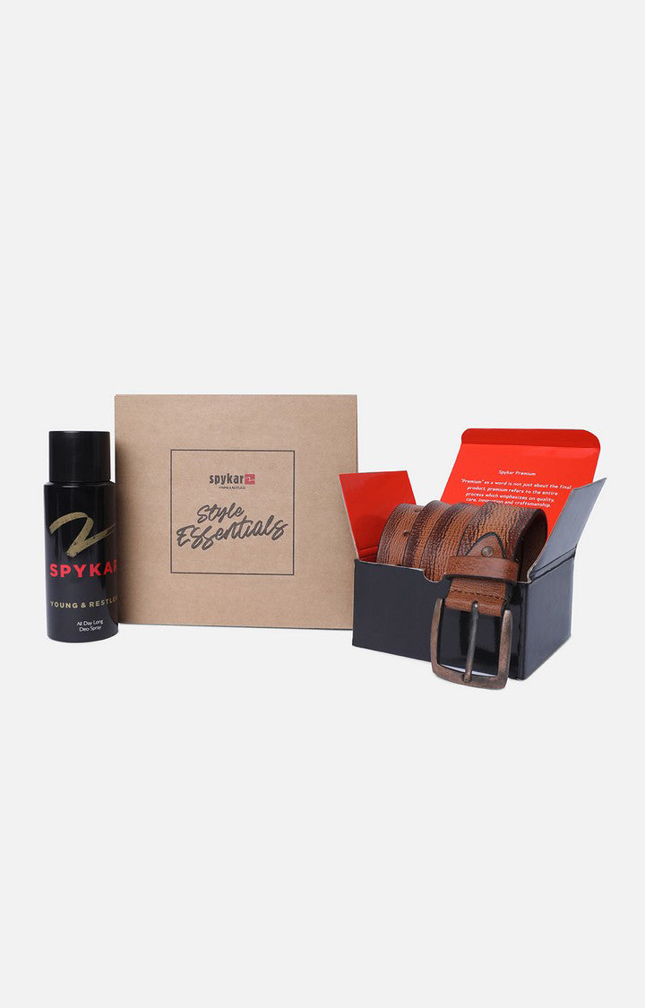 Spykar Tan Belt (L) & Olive Deodorant Combo