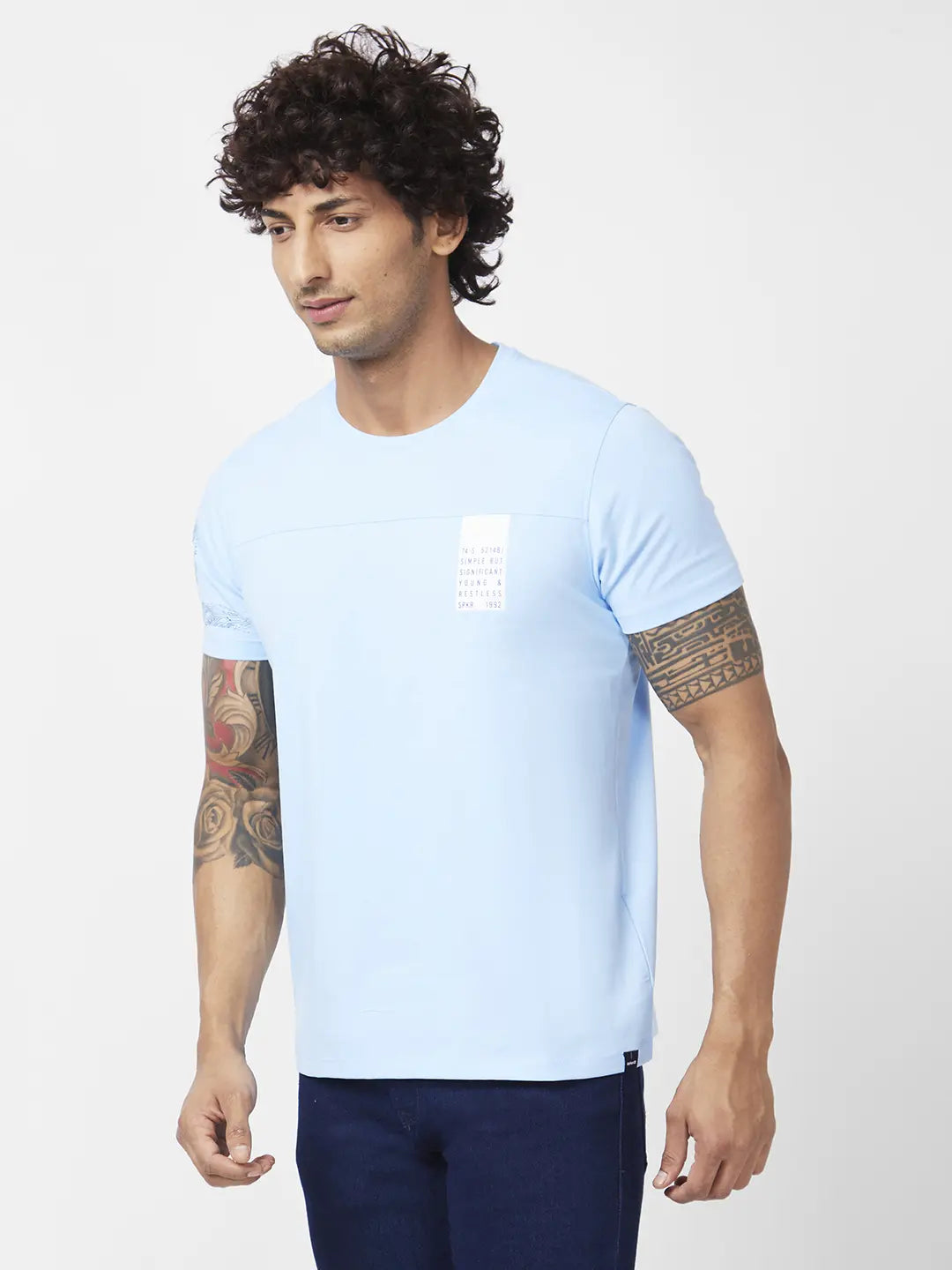 Spykar Men Powder Blue Blended Slim Fit Half Sleeve Round Neck Printed Tshirt