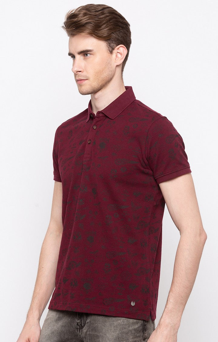 Spykar Wine Printed Slim Fit Polo T-Shirt